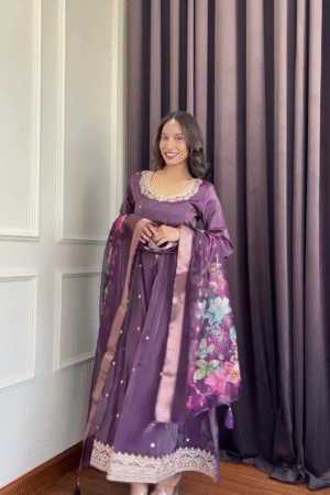 Elegant Purple Embroidered Anarkali Set with Floral Dupatta
