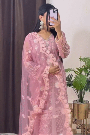 Women’s Pink Embroidered Net Suit Set with Dupatta – Elegant Party Wear Ethnic Dress