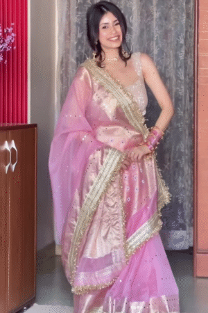 Blush Pink Silk Saree with Gold Embroidery & Elegant Border – Festive Wedding Wear
