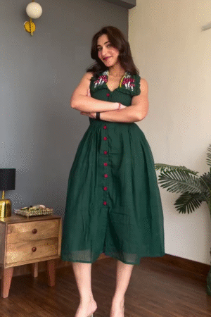 Forest Green Sleeveless Midi Dress with Embroidered Collar & Button Detail