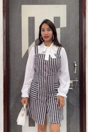 Chic Black & White Houndstooth Dress with Bow Blouse – Elegant Women’s Office & Casual Outfit