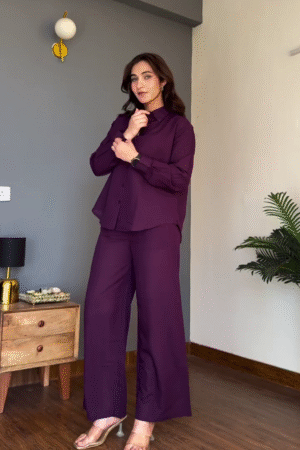 Elegant Plum Co-Ord Set for Women – Stylish Shirt & Wide-Leg Pants Outfit