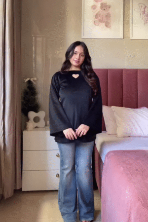 Women’s Black Heart Neck Top – Stylish Bell Sleeve Casual Party Wear Top for Women