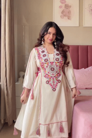 Women’s Cream Embroidered Anarkali Kurta – Ethnic Mirror Work Tassel Kurti for Festive Wear