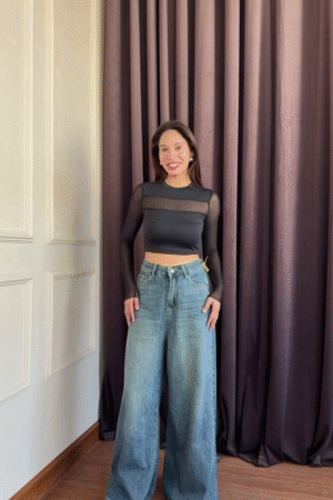 Women’s Black Sheer Mesh Crop Top – Stylish Full Sleeve Party Wear Western Top