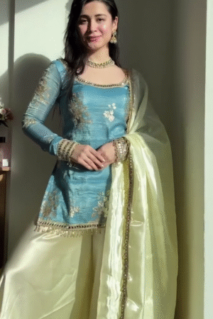Women’s Teal Blue Kurta Sharara Set with Dupatta | Elegant Embroidered Ethnic Party Wear