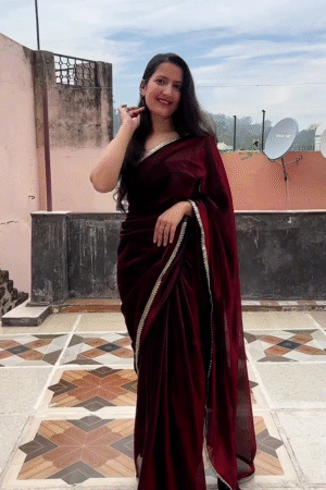Elegant Wine Red Saree with Embellished Border | Party Wear & Festive Saree for Women
